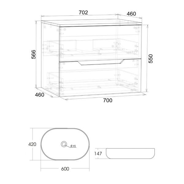 Тумба с раковиной подвесная 70 см, Orange Line Li-70TugMDF+B08-600W графит/белый