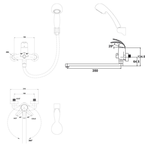 Смеситель для ванны с душем KAISER Nova (23055В)
