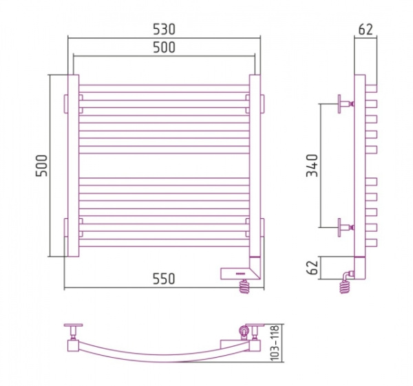 Полотенцесушитель Электрический Cунержа Аркус 2.0 Правый (500x500)Палитра RAL Classic RAL-5605-5050
