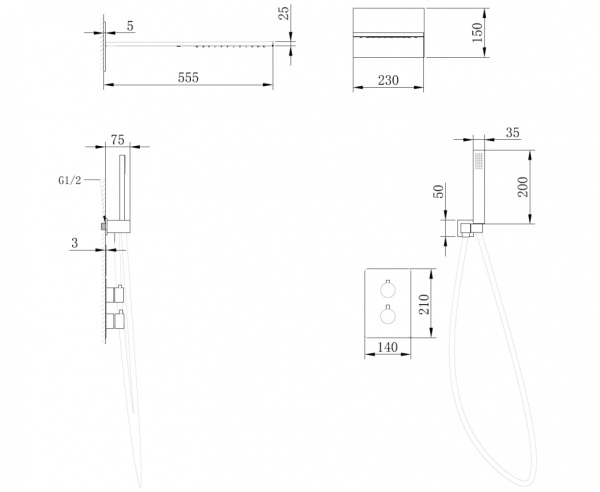 Душевой комплект ABBER Weiss Insel AF8052 скрытого монтажа без излива, термостат, хром
