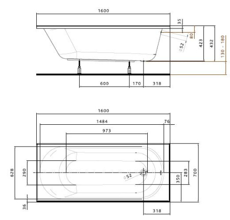 Ванна прямоугольная Kolo Opal Plus AntiSlide XWP1260101