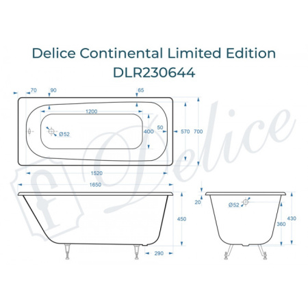 Ванна чугунная (165х70) Delice Continental Limited Edition DLR230644 без ножек и антискользящего покрытия