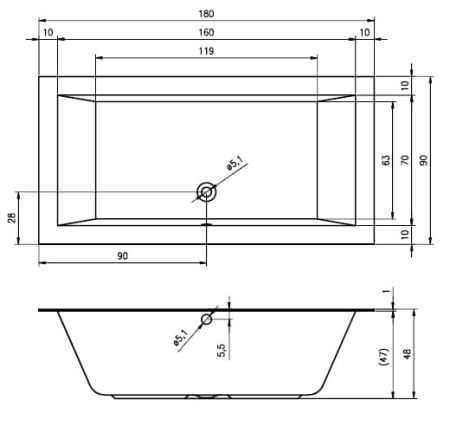 Акриловая ванна с тонким бортом Riho LUGO (180x90) B134001005 без гидромассажа