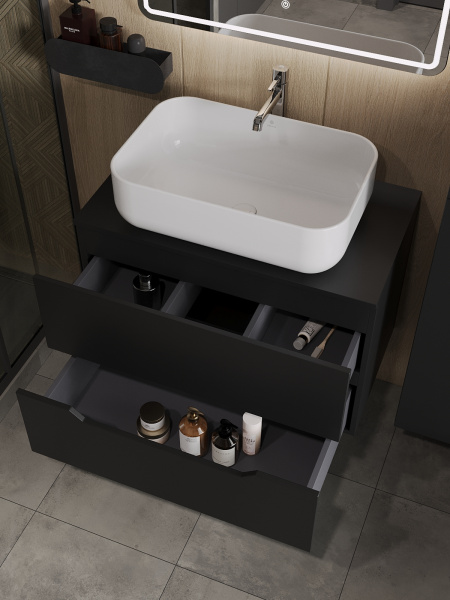 Тумба с раковиной подвесная 80 см, Orange Line Li-80TubMDF+B03-600W черный/белый