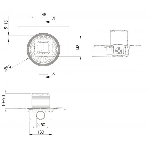 Душевой трап (15х15) Berges Wasserhaus ZENTRUM Norma 092363 золото глянец