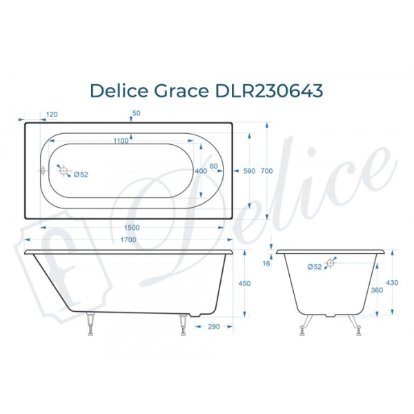 Ванна чугунная (170х70) Delice Grace DLR230643 без ножек и антискользящего покрытия Ванна чугунная (170х70) Delice Grace DLR230643 без ножек и антискользящего покрытия
