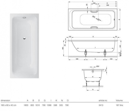Стальная ванна (180х80) Bette Select 3413-000 с шумоизоляцией