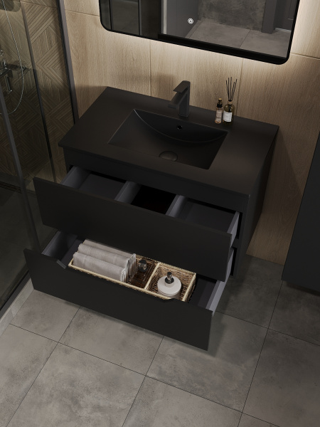 Тумба подвесная с раковиной Orange Line Li-80Tub+BLRA  черный матовый