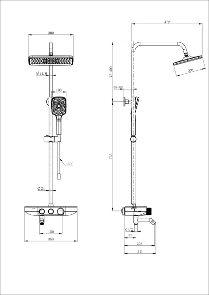 Душевая система с термостатом WONZON & WOGHAND, черный матовый WW-B3099-A-MB
