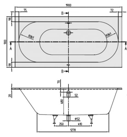 Ванна квариловая Villeroy & Boch Oberon 190х90, StatWhite (UBQ199OBE2V-96)