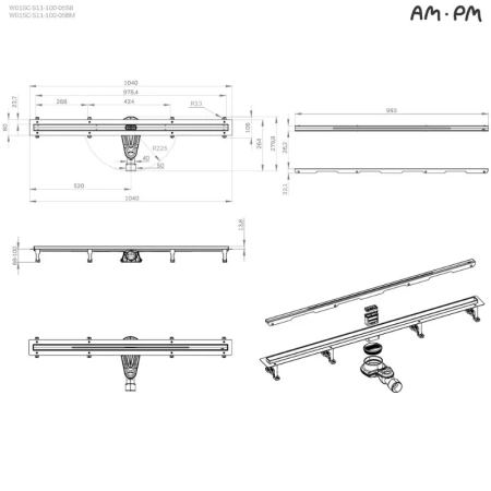 Душевой лоток с щелевой вставкой 100 см Am.Pm MasterFlow W01SC-S11-100-05BM черный матовый