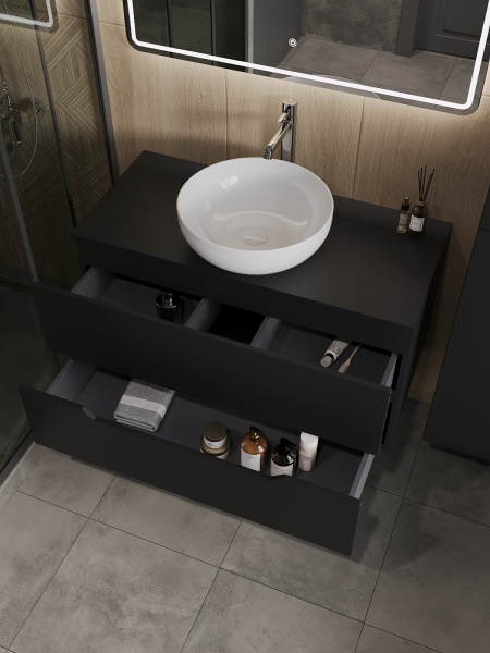 Тумба с раковиной подвесная 100 см, Orange Line Li-100TubMDF+B07-420W черный/белый