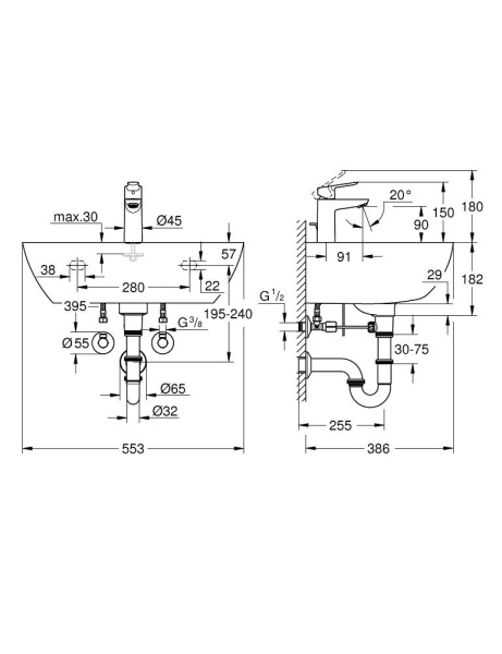 Раковина подвесная в комплекте со смесителем Grohe Bau Ceramic + Start Edge 39471 000 (39471000)