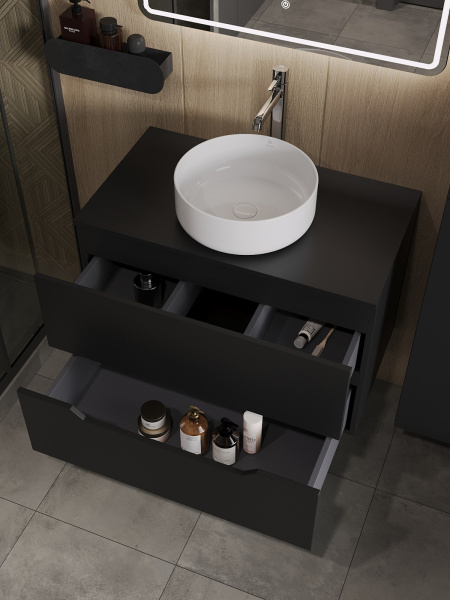 Тумба с раковиной подвесная 80 см, Orange Line Li-80TubMDF+B09-360W черный/белый