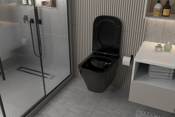 Комплект подвесной унитаз ABBER Rechteck AC1201MB черный матовый с инсталляцией AC0105 и кнопкой AC0121RG золото розовое