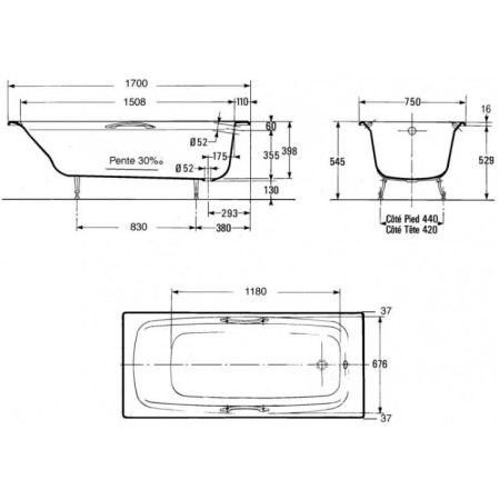 Чугунная ванна (170 x75) Jacob Delafon Diapason E2937-S-00