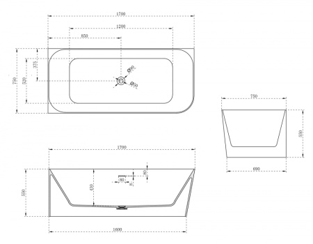 Ванна из искусственного камня (170х75)  ABBER Stein AS9621-1.7 L белая матовая