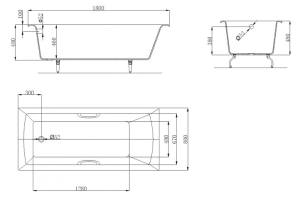 Ванна чугунная OWL 1975 Konung 180х80 с ножками и ручками, OWLIB191115