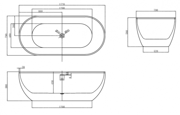 Акриловая ванна (172х79) ABBER AB9241MB без гидромассажа, черный