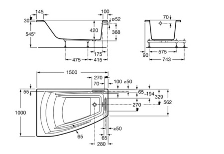 Акриловая ванна Roca Hall Angular (150х100) ZRU9302864 левая