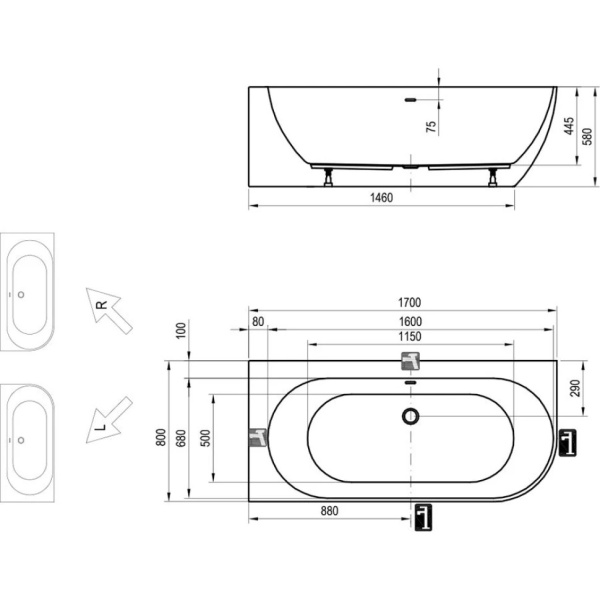 Акриловая ванна 170x80 см L Ravak Freedom Corner XC00100043 Акриловая ванна 170x80 см L Ravak Freedom Corner XC00100043