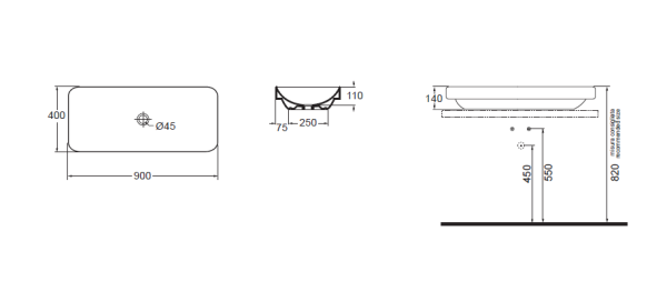 Раковина накладнаяя (90х40) AZZURRA ELEGANCE ELLG090400S0BI/(ESO90 bi)*0