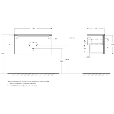 База под раковину (79х37) BelBagno ETNA-M-800/380-1C-SO-BL Bianco Lucido