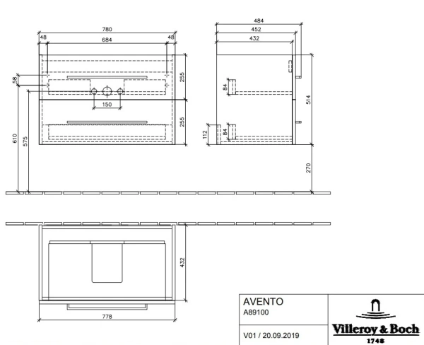 Тумба под раковину Villeroy&Boch Avento (77x52x44) A89100VH