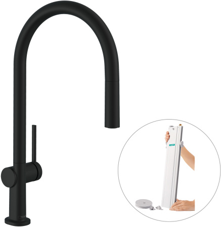 Смеситель для кухни с выдвижным изливом sBox Hansgrohe Talis M54 1jet 72803670 черный матовый