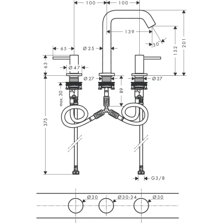 Смеситель для раковины на 3 отверстия с донным клапаном Push-Open Hansgrohe Tecturis S 73330700 белый матовый