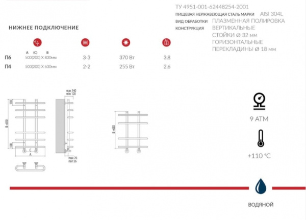Полотенцесушитель водяной Terminus САХАРА П14 100x860 4620768885617 Полотенцесушитель водяной Terminus САХАРА П14 100x860 4620768885617