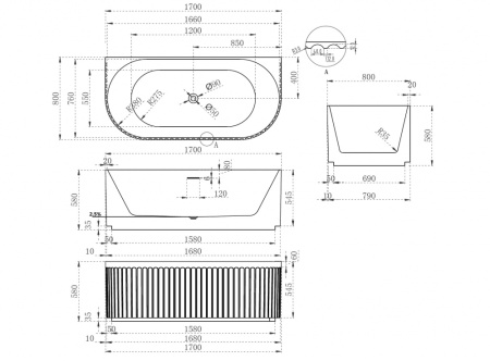 Акриловая ванна (170х80) ABBER AB9416-1.7 без гидромассажа, белый