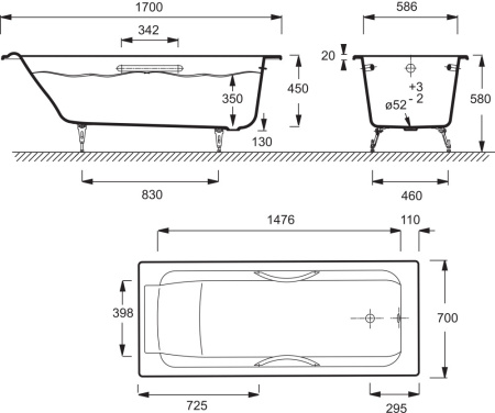 Ванна чугунная (170x70) Jacob Delafon Parallel  E2948-00  