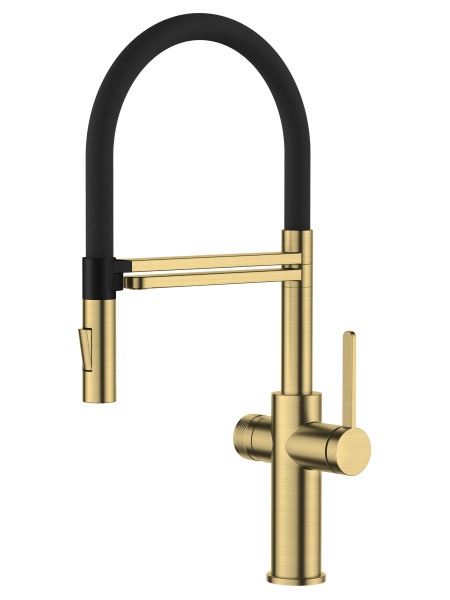 Смеситель для кухни однорычажный с каналом для питьевой воды и гибким изливом Agger Elegant A3252599 золото матовое