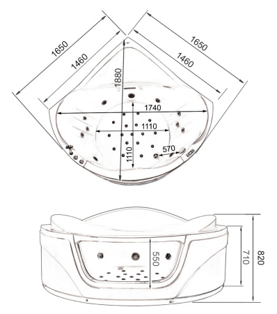 Акриловая ванна (165х165) Gemy G9247 K с гидромассажем, универсальная