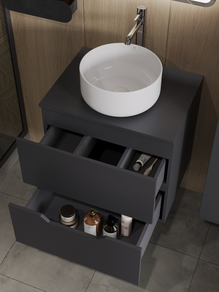 Тумба с раковиной подвесная 60 см Orange Line Li-60TugMDF+B07-345W графит/белый