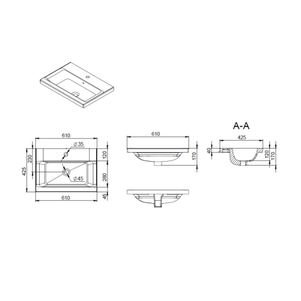 Раковина встраиваемая сверху (61х42,5) Am.Pm Gem M90WCC0602WG
