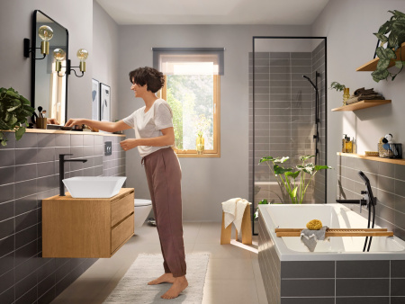 Смеситель для раковины с донным клапаном CoolStart EcoSmart+ Hansgrohe Rebris E 72591670 черный матовый