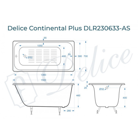 Ванна чугунная (150х70) Delice Continental PLUS DLR230633-AS