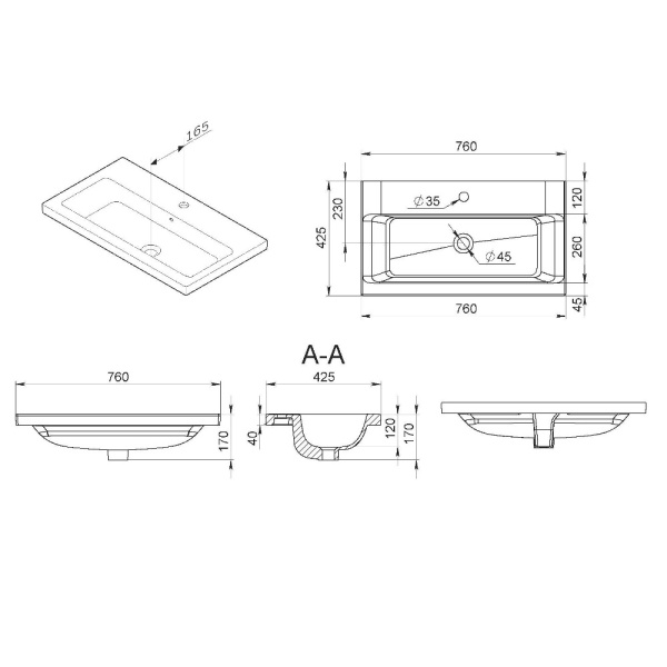 Раковина встраиваемая сверху (76х42,5) Am.Pm Gem M90WCC0752BM