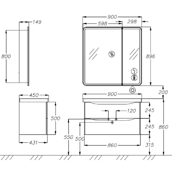 Тумба под раковину Opadiris Элеганс 90  00-00006896 белый матовый (без раковины)