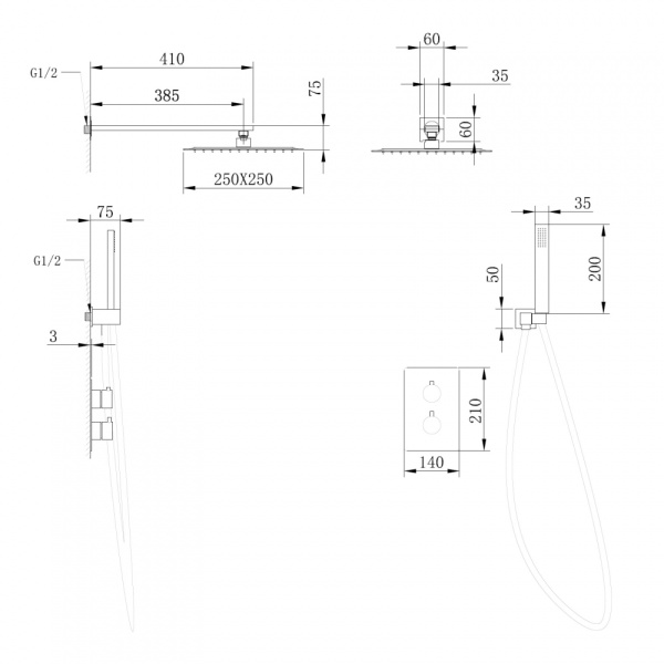 Душевой комплект ABBER Weiss Insel AF8051 скрытого монтажа без излива, термостат, хром