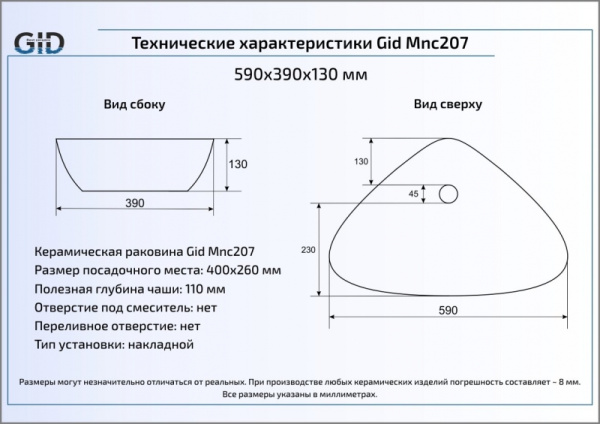 Раковина накладная (59х39) Gid Mnc207