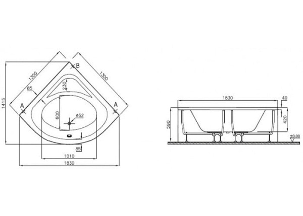 Ванна акриловая Vitra THERA 150x150 (Угловая) 50950001000 Ванна акриловая Vitra THERA 150x150 (Угловая) 50950001000