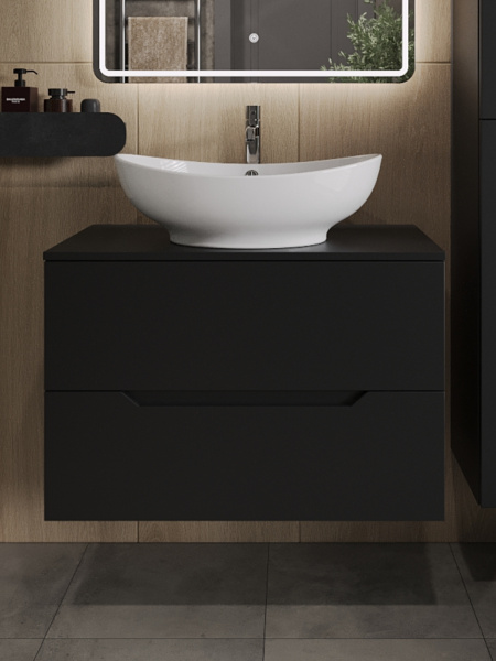 Тумба с раковиной подвесная 80 см, Orange Line Li-80TubMDF+B08-585W черный/белый