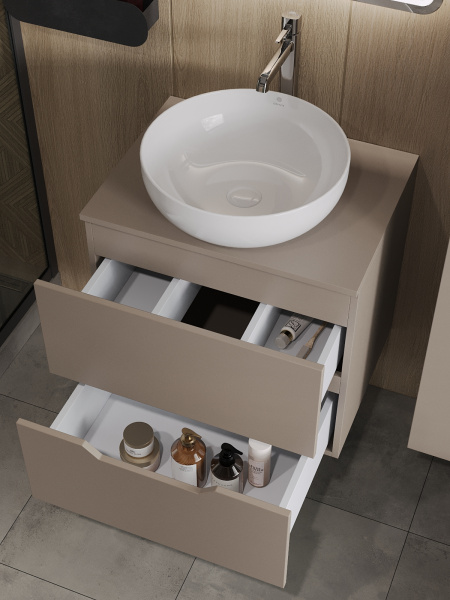 Тумба с раковиной подвесная 60 см, Orange Line Li-60TuLMDF+B07-420W латте/белый