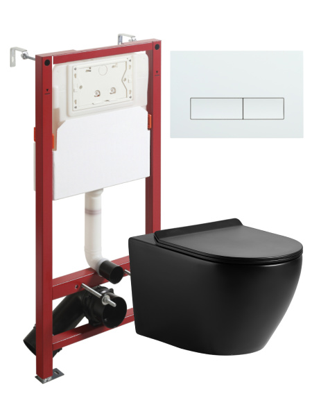 Комплект унитаза с инсталляцией безободковый Agger ATI03144+APB288 кнопка смыва белый