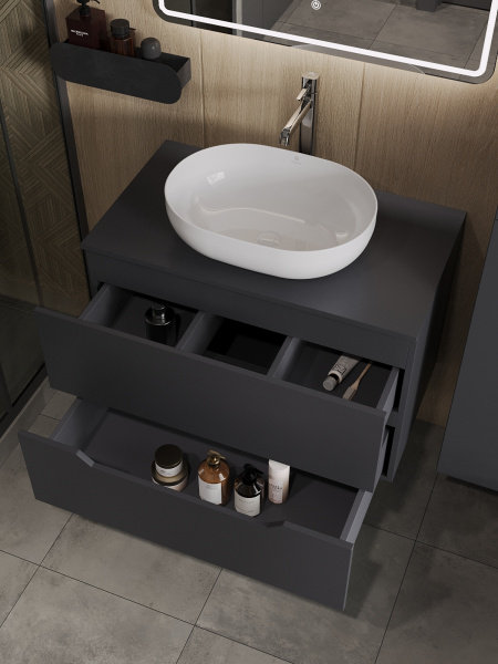 Тумба с раковиной подвесная 80 см, Orange Line Li-80TugMDF+B05-480W графит/белый