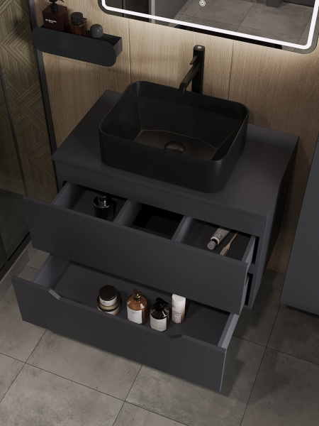 Тумба с раковиной подвесная 80 см, Orange Line Li-80TugMDF+B02-460MB графит/черный