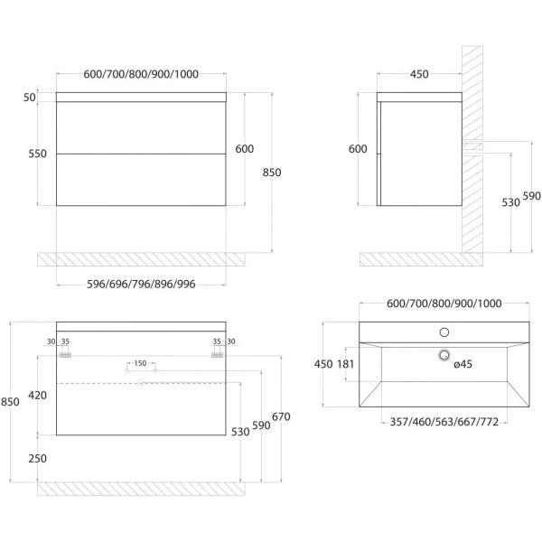 База под раковину подвесная Art&Max AM-Verona-Push-1000-2C-SO-KD кадена дарк
